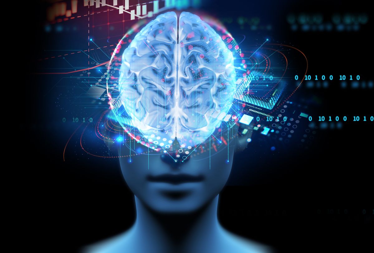 Conceptual illustration of artificial intelligence showing a glowing human brain overlaid with digital circuits, binary code, and data connections. The futuristic cyber business background represents AI integration, machine learning, and advanced data driven technologies in modern industries.