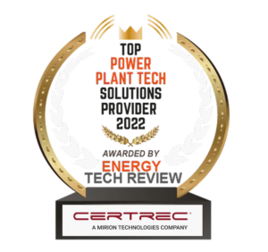 An award trophy graphic with a gold and white laurel wreath surrounding text that reads, “Top Power Plant Tech Solutions Provider 2022, Awarded by Energy Tech Review.” The Certrec logo appears at the base of the trophy.