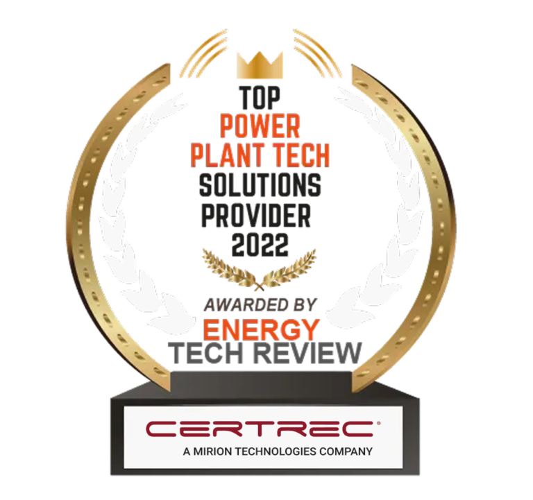An award trophy graphic with a gold and white laurel wreath surrounding text that reads, “Top Power Plant Tech Solutions Provider 2022, Awarded by Energy Tech Review.” The Certrec logo appears at the base of the trophy.