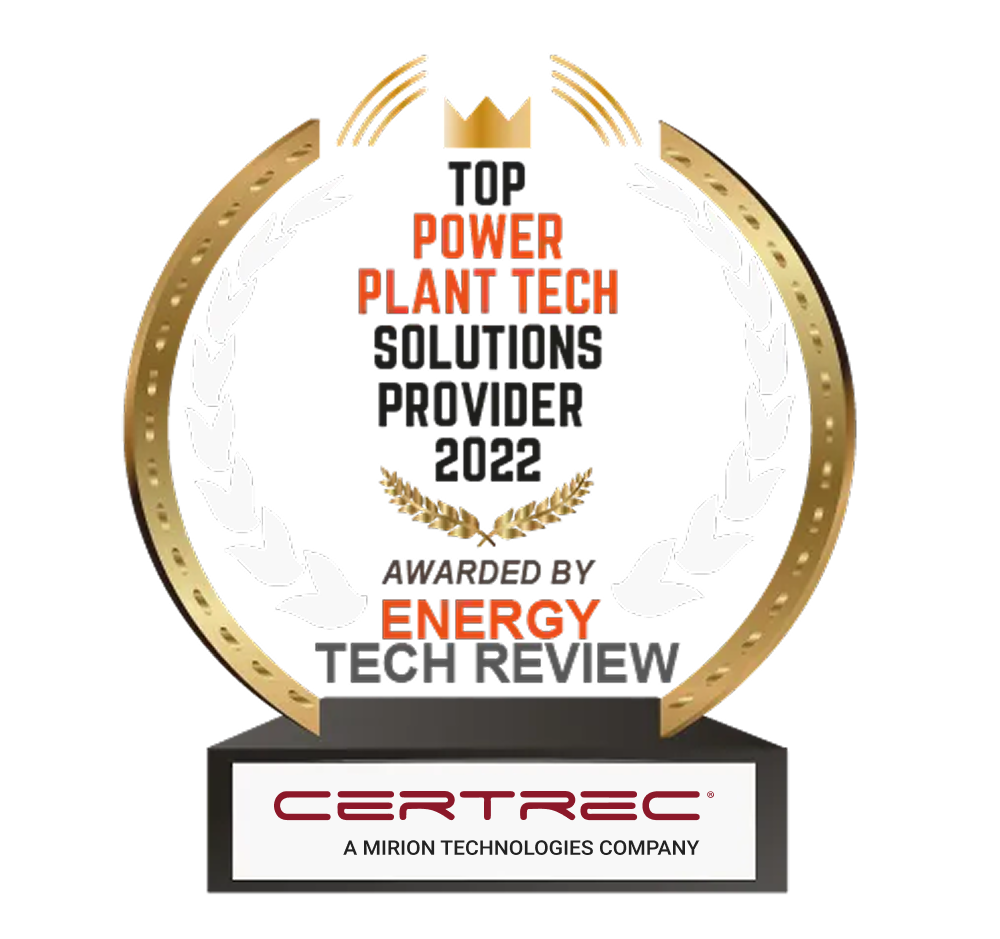 An award trophy graphic with a gold and white laurel wreath surrounding text that reads, “Top Power Plant Tech Solutions Provider 2022, Awarded by Energy Tech Review.” The Certrec logo appears at the base of the trophy.