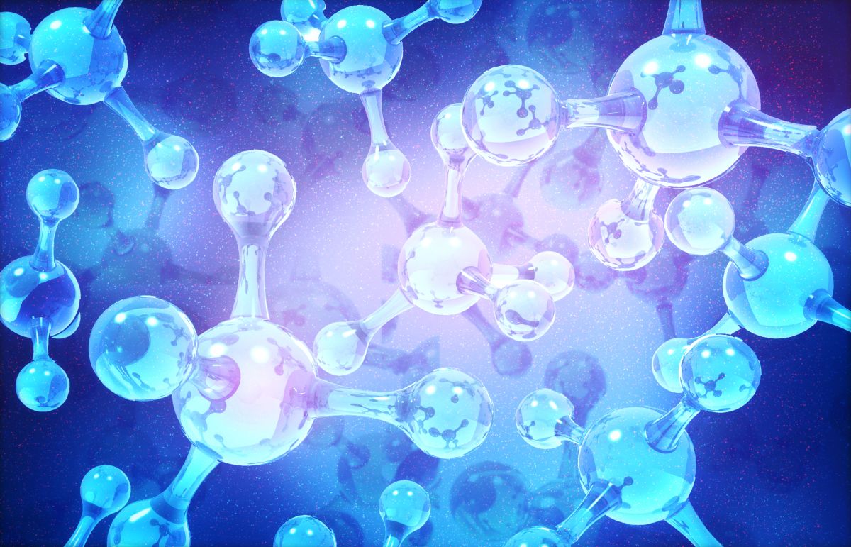 Abstract 3D illustration of glowing blue molecular structures connected by spherical atoms and bonds on a soft purple background. The futuristic science design represents molecular research, clean hydrogen technology, and advanced energy innovation.