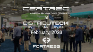 Certrec exhibit at DistribuTECH International 2023 in February, showing a busy convention floor with attendees and booths, promoting cyber security solutions for utility companies.