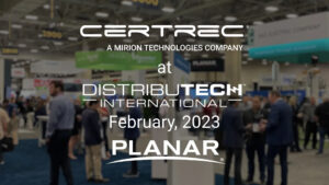 Certrec booth at DistribuTECH International 2023 in a busy convention hall, featuring a large crowd of attendees and company displays, highlighting utility monitoring technologies and a Planar interview.