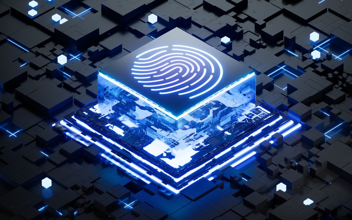 3D rendering of a glowing microchip processor with a bright fingerprint icon on top, surrounded by illuminated circuit patterns. The futuristic design represents biometric fingerprint recognition technology and advanced computer security systems.