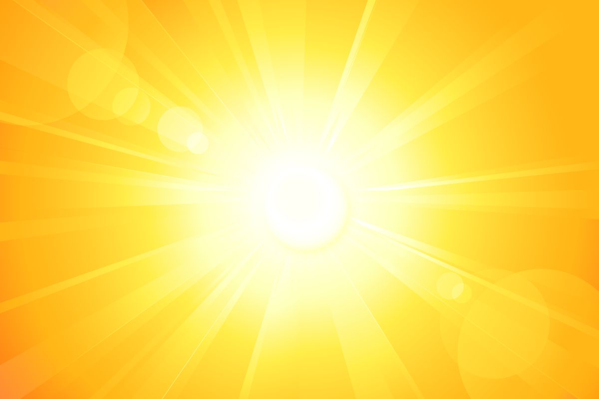 SummerBackgroundWithAMagnificentSunBurstWithLensFlare Bright summer background featuring a large radiant sunburst with strong lens flare effects. Golden yellow light rays spread outward from the center, creating an intense heat and sunshine atmosphere.