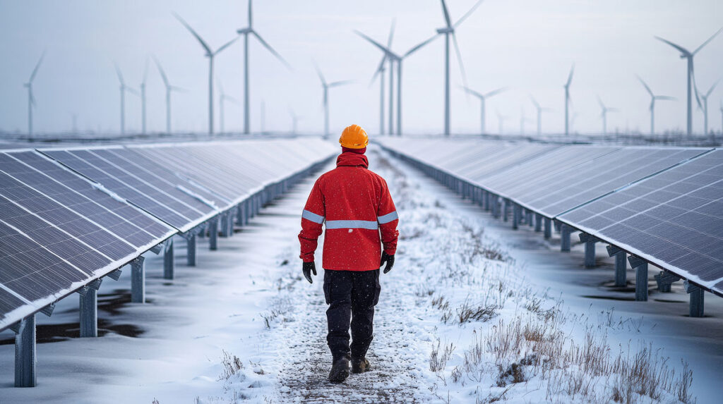 Worker in a red safety jacket and yellow hard hat walking between snow covered solar panels with wind turbines in the background. The winter landscape highlights extreme cold weather conditions impacting renewable energy operations.