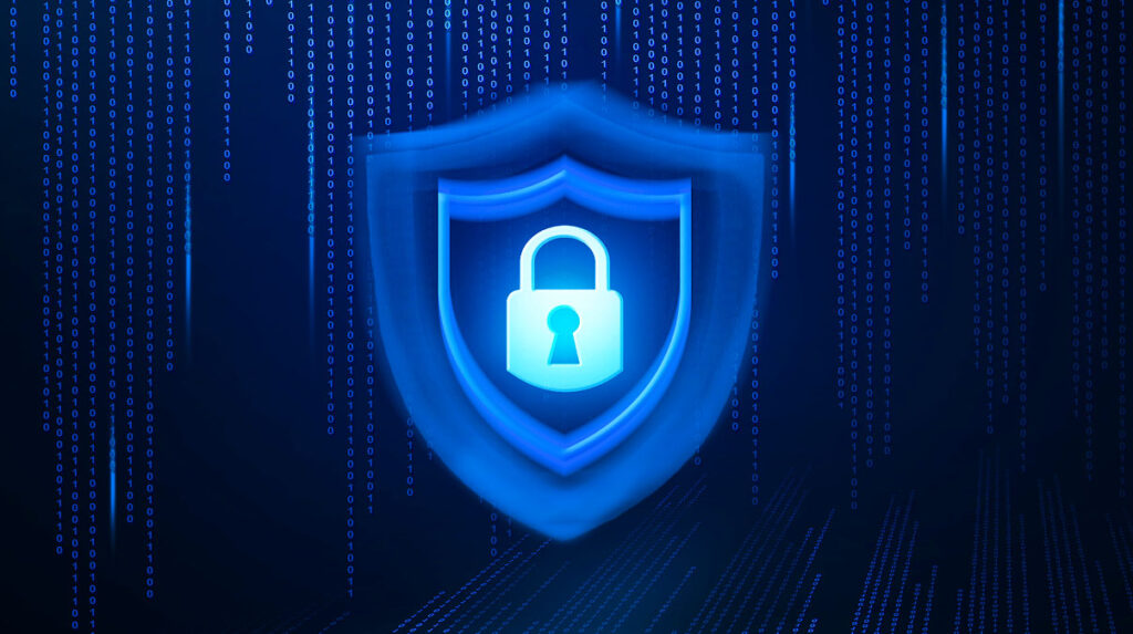 Blue shield with a glowing padlock icon centered over a background of cascading binary code. The digital security graphic represents cybersecurity and data protection for critical infrastructure systems.