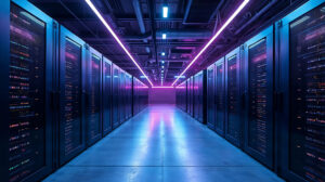 A symmetrical row of illuminated server racks inside a modern data center with blue and purple lighting reflecting on the floor. The image represents secure digital infrastructure supporting critical infrastructure protection.