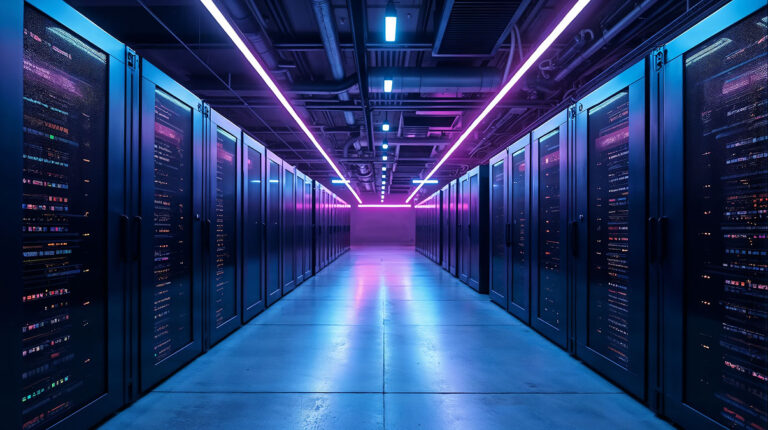A symmetrical row of illuminated server racks inside a modern data center with blue and purple lighting reflecting on the floor. The image represents secure digital infrastructure supporting critical infrastructure protection.