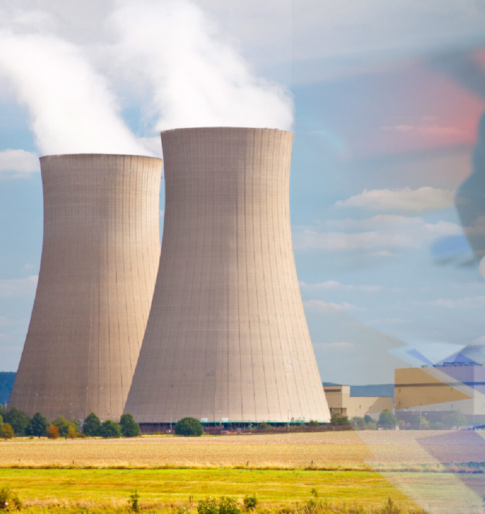 Two large cooling towers emitting white steam against a blue sky, symbolizing a nuclear power facility. The image has a faint overlay of a person and digital interface elements, suggesting a connection to compliance or audit support systems.