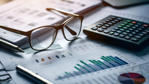 Close-up of eyeglasses, pen, calculator, and financial documents with charts and graphs, symbolizing analysis and audits.