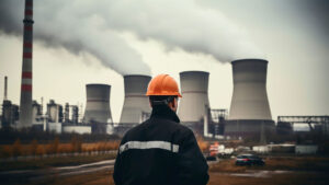 Worker wearing a hard hat and safety jacket standing in front of a power plant with smokestacks.