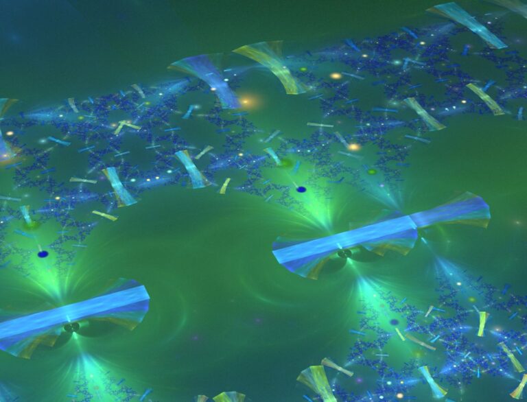 Abstract fractal background with glowing blue and green geometric patterns and swirling light effects. The imaginative digital design features layered shapes and luminous accents, creating a futuristic and sci fi inspired visual texture.