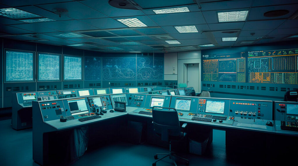 Dimly lit control room filled with multiple desks, monitors, and control panels, displaying data and system maps on screens. Large wall displays show detailed analytics and diagrams, reflecting a secure operations or recovery command center.