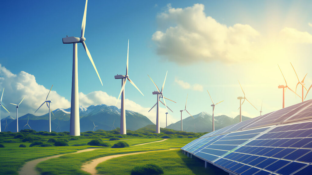 Wind turbines and solar panels in a green field, symbolizing renewable energy in relation to the PRC-028-1 white paper on disturbance monitoring.