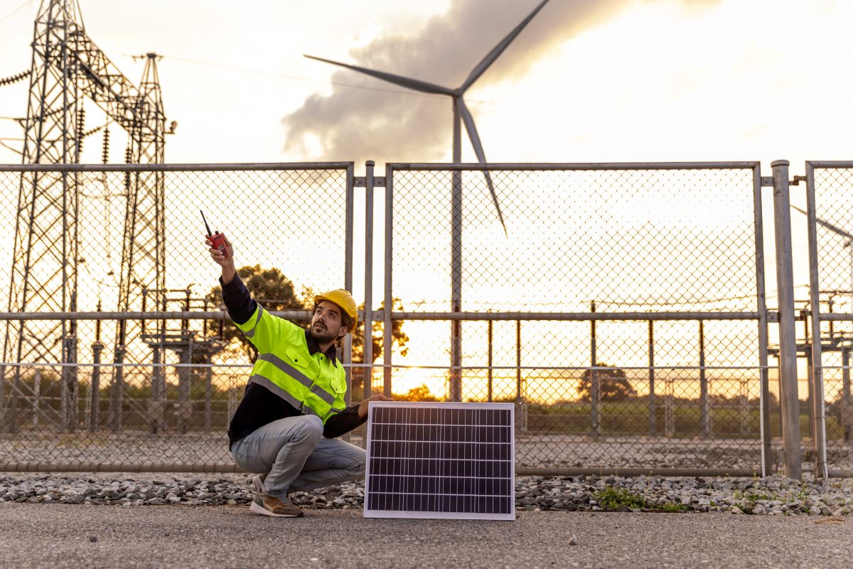 A professional energy engineer wearing a yellow helmet and a high-visibility jacket, holding a solar panel in one hand while gesturing toward the sky with a radio in the other hand. In the background, there are high-voltage power lines and a wind turbine.