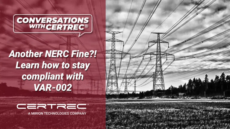 Webinar promo image titled "Conversations with Certrec" featuring the text “Another NERC Fine?! Learn how to stay compliant with VAR-002” over a red overlay. The background shows a black-and-white photo of multiple high-voltage power lines stretching across a rural landscape with a cloudy sky.