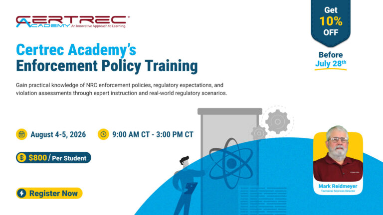 Hero banner for Certrec Academy: Enforcement Policy Training with dates August 4–5, 2026, 9:00 AM–3:00 PM, 0 per student, and a prominent Register Now CTA (including a photo of a speaker).