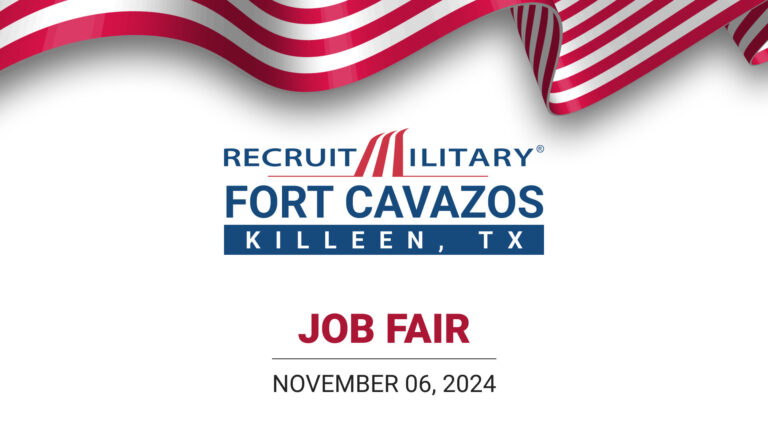 Promotional graphic for a RecruitMilitary job fair at Fort Cavazos in Killeen, Texas. The design features a bold red and white American flag ribbon at the top, with the event title in blue and red text on a clean white background.