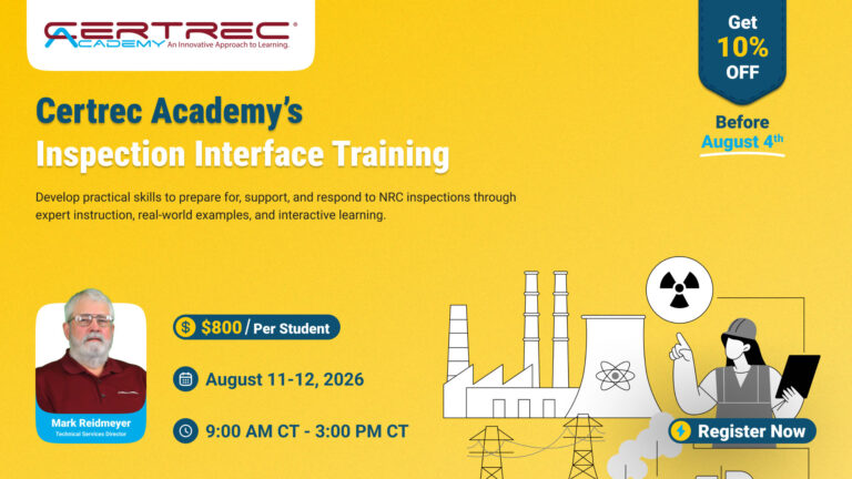 Advertisement for Certrec Academy’s Inspection Interface Training on a yellow background with event dates and a 'Register Now' button.