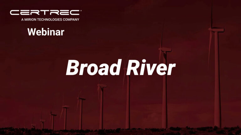 Promotional graphic for a Certrec webinar titled “Broad River,” with a dark red background featuring silhouettes of wind turbines. The image supports content on NERC violations, real-world examples, and guidance on avoiding regulatory penalties.