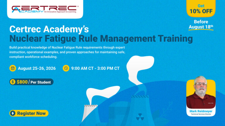 Blue promotional banner for Certrec Academy's Nuclear Fatigue Rule Management Training with dates, time, and price details.