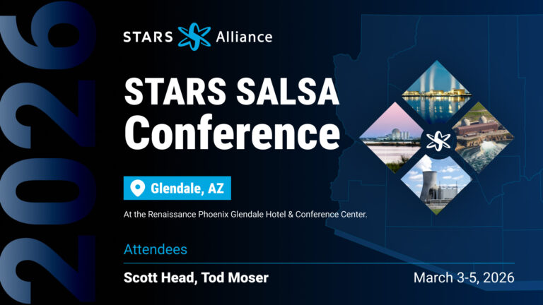 Graphic for the 2026 STARS SALSA Conference hosted by the STARS Alliance, showing the event location in Glendale, AZ at the Renaissance Phoenix Glendale Hotel & Conference Center. Includes images of nuclear facilities, conference dates of March 3–5, 2026, and attendees Scott Head and Tod Moser.