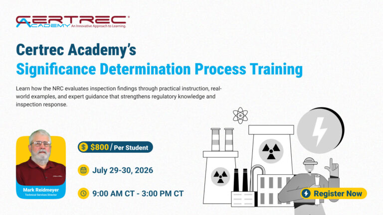 Banner for Certrec Academy's Significance Determination Process Training, featuring instructor Mark Reidmeyer portrait and a prominent 'Register Now' button.