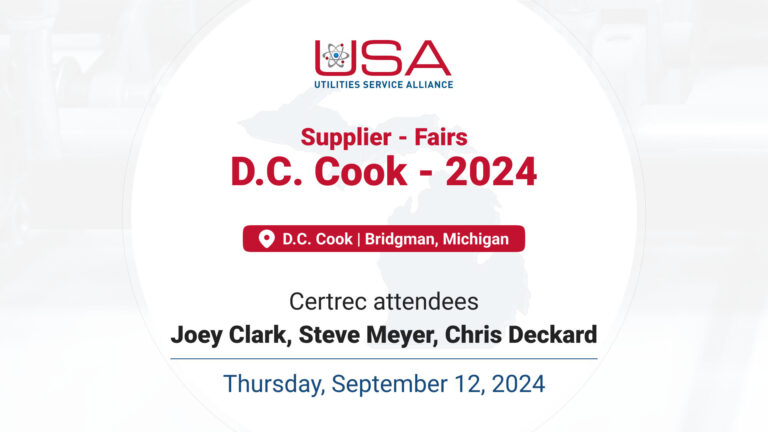 Event graphic for the USA Utilities Service Alliance Supplier Fair at D.C. Cook in 2024, located in Bridgman, Michigan. The design features a map silhouette of Michigan in the background and lists Certrec attendees Joey Clark, Steve Meyer, and Chris Deckard.