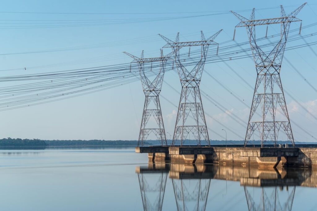 Electrification towers in the lake of the Itaipu Dam, Foz do Iguacu, Parana, Brazil on May 19, 2015.