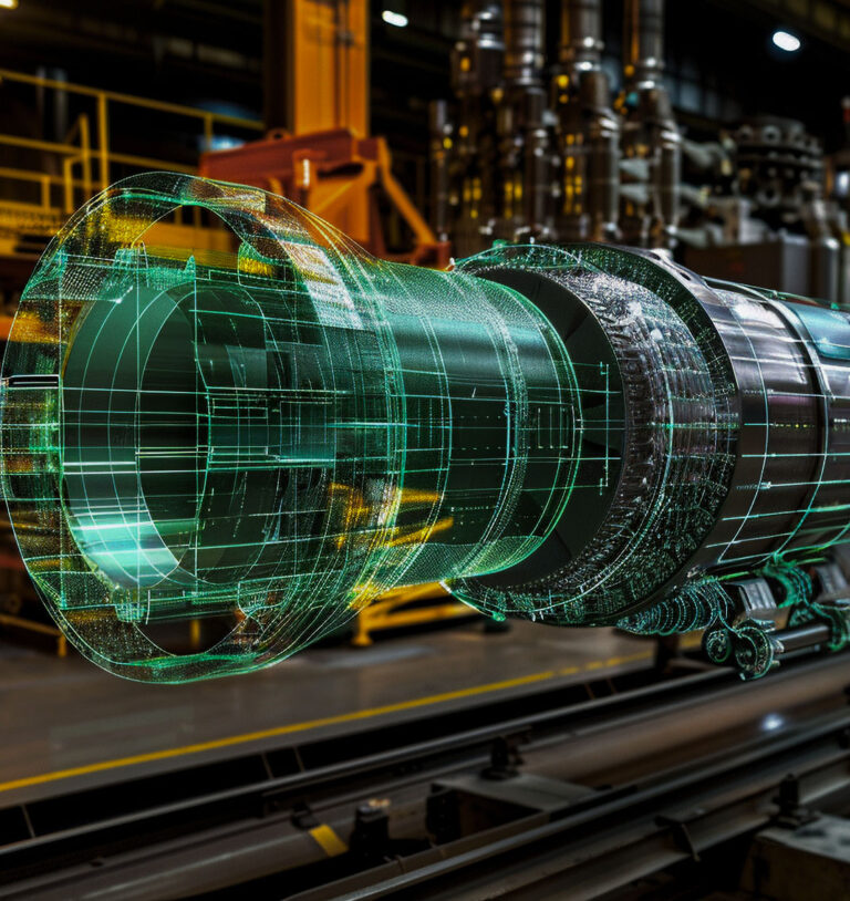 Digital 3D model overlay of an industrial turbine or generator component inside a power plant facility. The transparent wireframe design represents due diligence and technical evaluation of complex energy infrastructure assets.