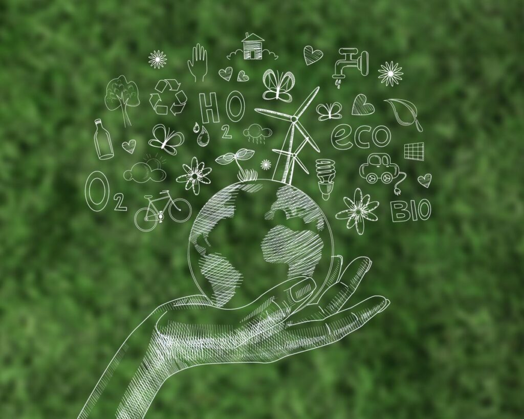 Illustration of a hand holding the Earth surrounded by eco icons including wind turbines, recycling symbols, water drops, leaves, a bicycle, and the words eco bio O2 and H2O. The green background and clean energy symbols represent decentralized energy resources and sustainable virtual power plant management.