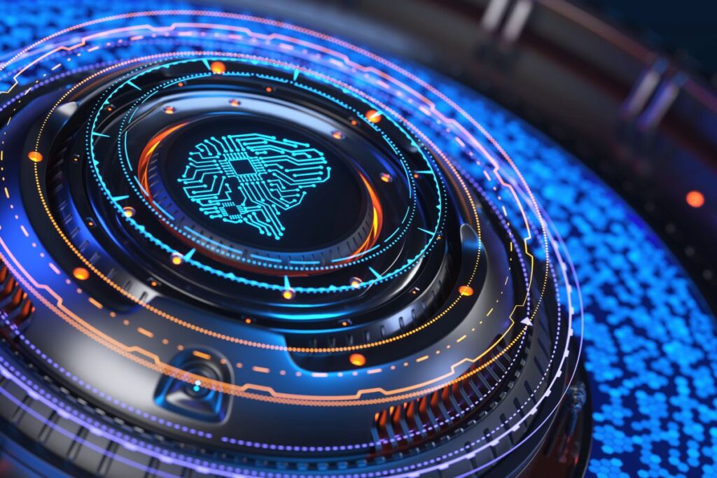 Artificial intelligence concept illustration featuring a glowing circuit board brain at the center of a futuristic digital interface. Neon blue and orange data rings and microchip details surround the AI symbol, representing machine learning and advanced technology systems.