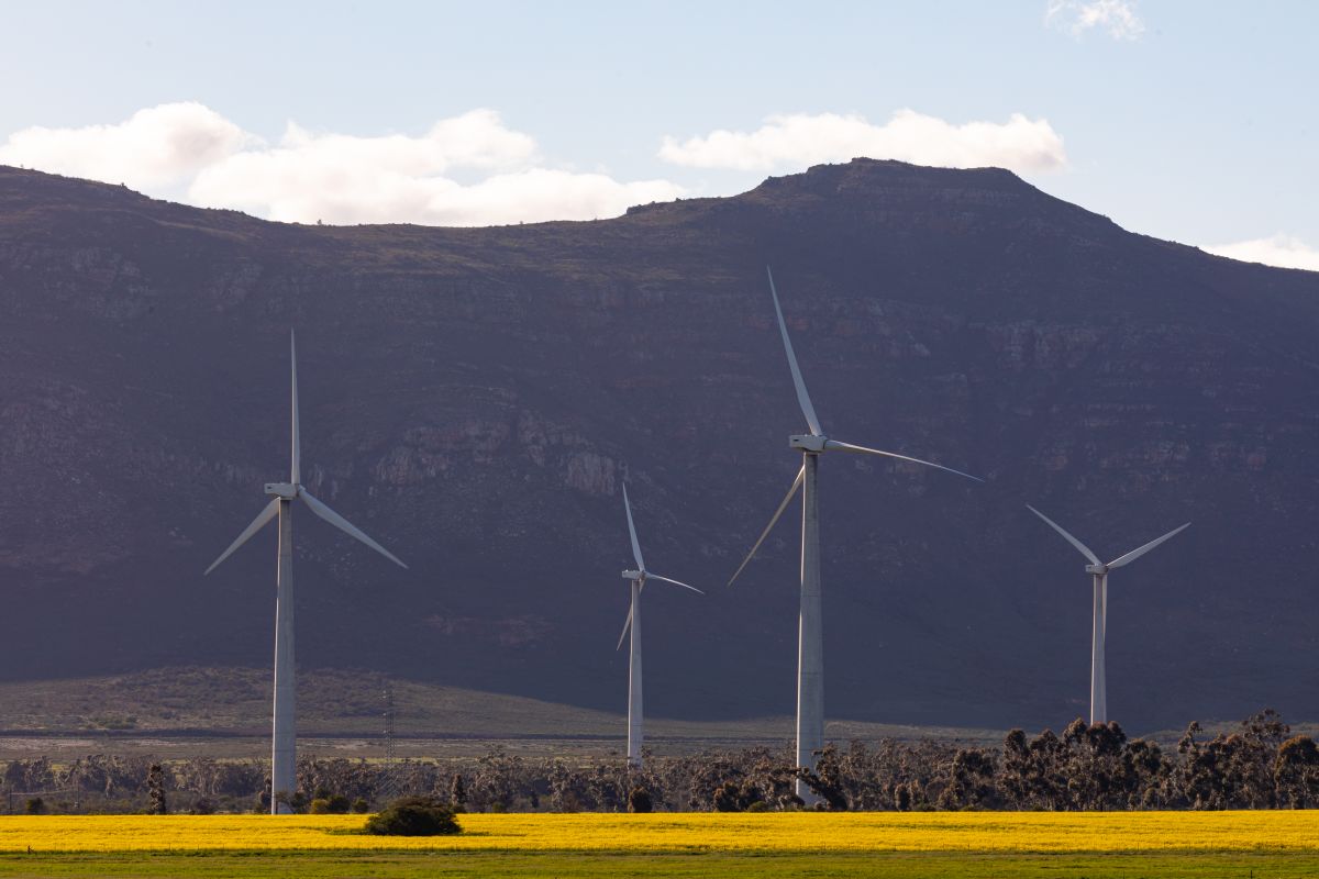 Wind turbines standing across open countryside with mountains in the background under a cloudless sky. The image highlights renewable wind energy generation within a natural landscape focused on sustainability and environmental stewardship.