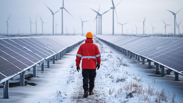 Utility worker in a red safety jacket and hard hat walking between rows of snow covered solar panels with wind turbines in the background. The winter landscape highlights electric grid weatherization, renewable energy resilience, and infrastructure preparedness in cold conditions.