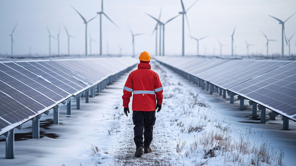 Utility worker in a red safety jacket and hard hat walking between rows of snow covered solar panels with wind turbines in the background. The winter landscape highlights electric grid weatherization, renewable energy resilience, and infrastructure preparedness in cold conditions.