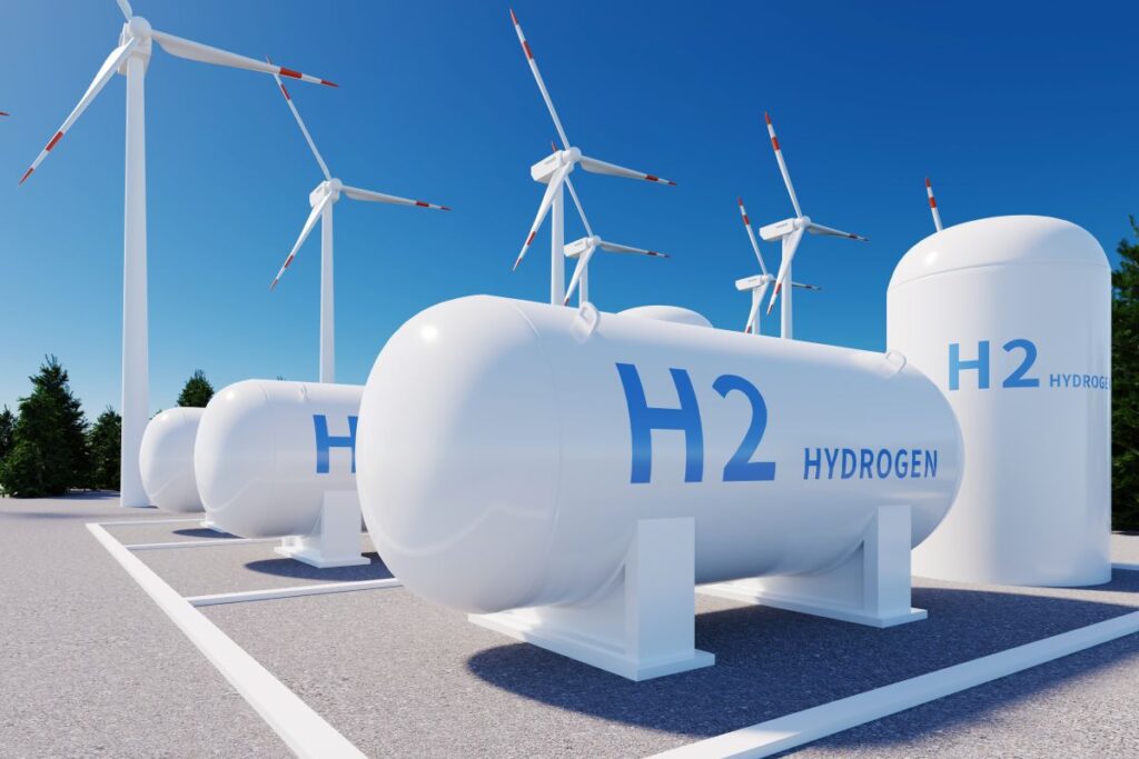 h2 hydrogen tank and wind power turbines 3d rendering