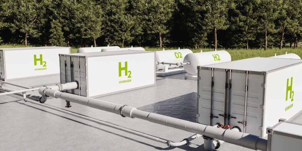 Hydrogen renewable energy production facility in the forest 3D render Green Hydrogen Container