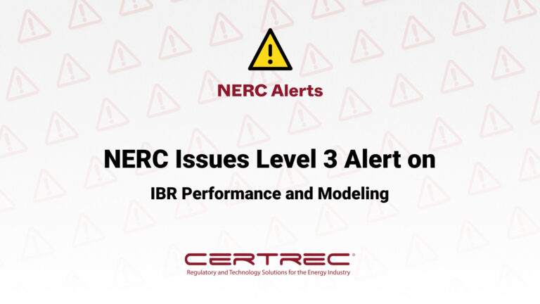Alert graphic with a yellow warning triangle and bold text reading “NERC Alerts” above the headline “NERC Issues Level 3 Alert on IBR Performance and Modeling.” The background features a pattern of faint exclamation mark icons, signaling urgency and regulatory importance.