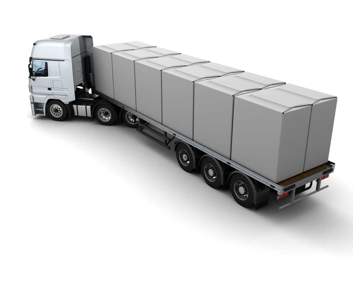 3D rendering of an HGV truck transporting large white boxes.