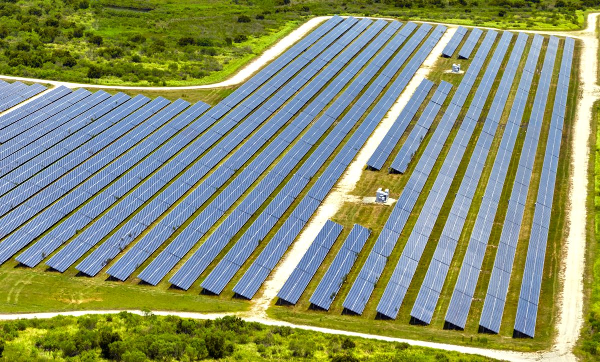 Aerial view of big sustainable electric power plant with many rows of solar photovoltaic panels for producing clean electrical energy Renewable electricity with zero emission concept