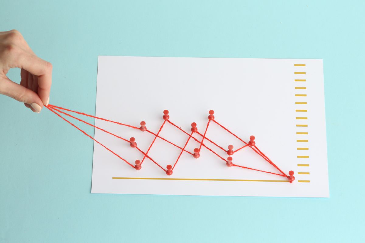 A chart with red string connecting orange pins in a zigzag pattern, with a hand holding one of the strings. The chart has a yellow arrow pointing downwards, with the text "Female hand directs financial growth.
