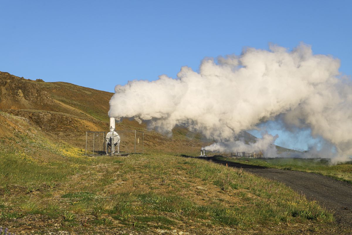 Geothermal steam rising from vents in a grassy hillside landscape under a clear blue sky.