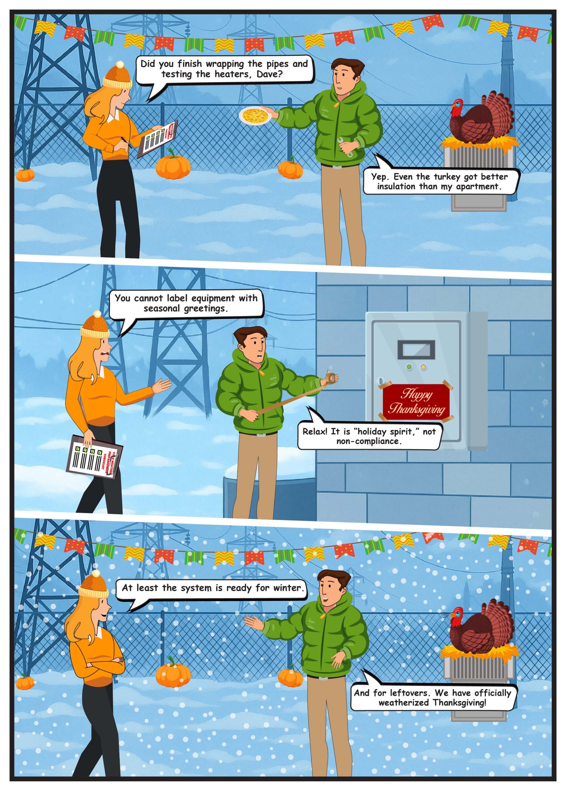 Comic strip set in a snowy utility yard where two workers joke about wrapping pipes and insulation, with a turkey nearby and power lines in the background.