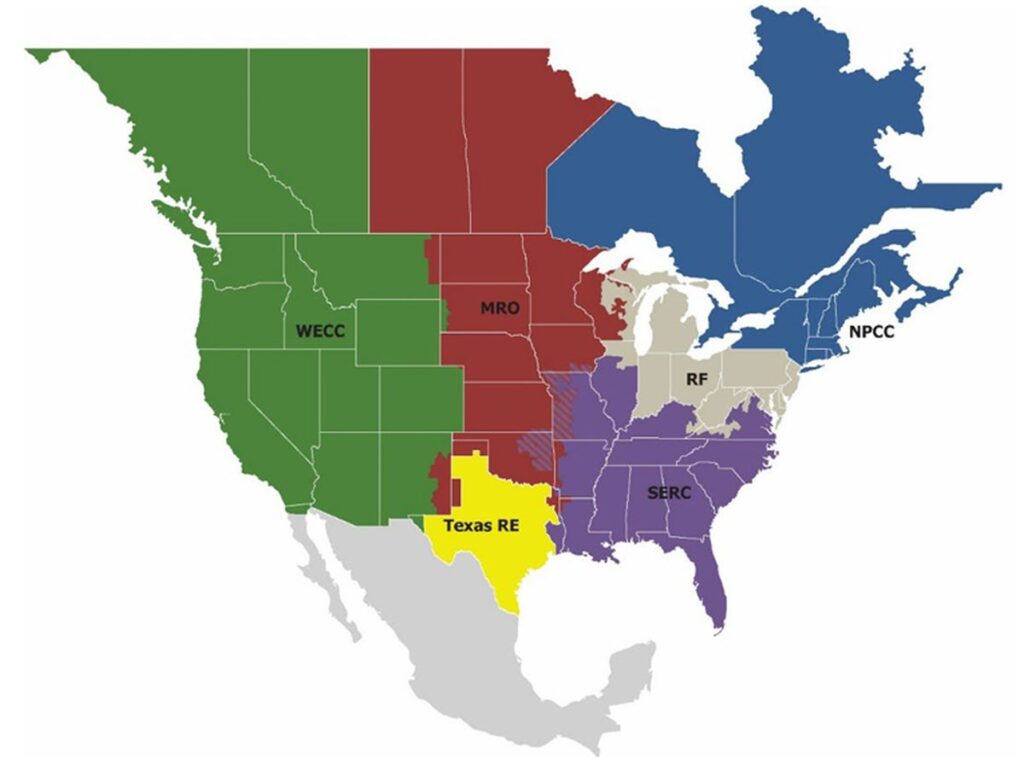 A map of North America showing the major NERC regions, including WECC (green), MRO (red), NPCC (blue), RF (purple), SERC (orange), and Texas RE (yellow), with each region clearly labeled.