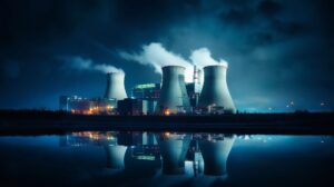 Nuclear power plant at night with illuminated cooling towers releasing steam and reflecting on calm water in the foreground. The image highlights critical energy infrastructure relevant to NERC CIP and grid security compliance.