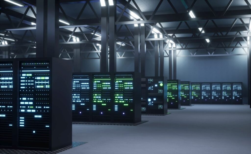 Large scale data center interior with rows of high performance server racks illuminated by green and blue status lights. The industrial facility setting represents advanced cloud computing infrastructure and major investment in AI driven data center expansion across the United States.