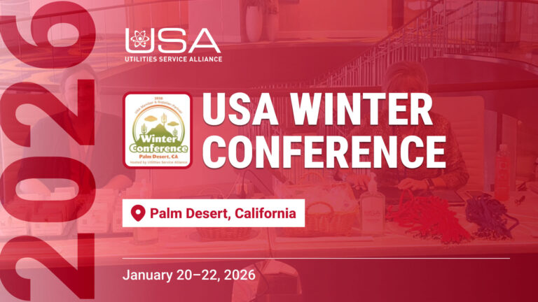 Graphic promoting the USA Winter Conference 2026 hosted by Utilities Service Alliance in Palm Desert California. The image includes the event dates January 20 to 22 2026 and a Winter Conference logo displayed on a red background.