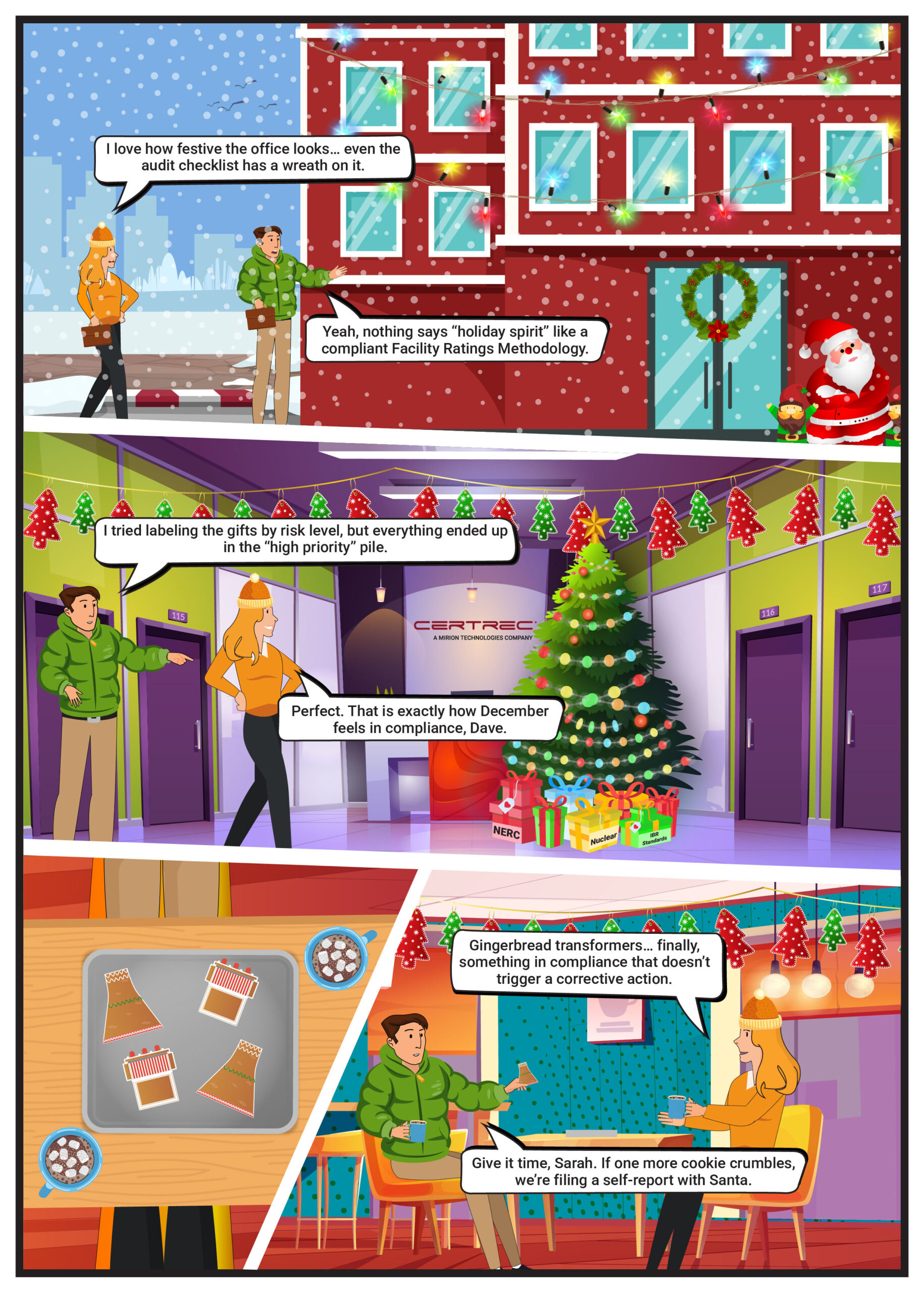 Holiday-themed office with Christmas lights and a wreath, featuring a humorous exchange about an audit checklist and Facility Ratings Methodology.