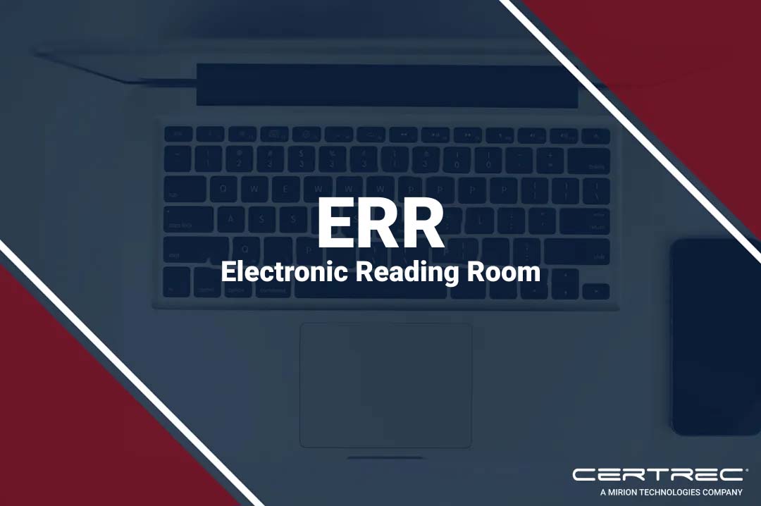 Promotional graphic for Certrec’s Electronic Reading Room (ERR) featuring a darkened overhead image of a laptop keyboard with the bold white text “ERR Electronic Reading Room” in the center. Diagonal red and navy-blue design accents frame the image, and the Certrec logo appears in the bottom right corner.